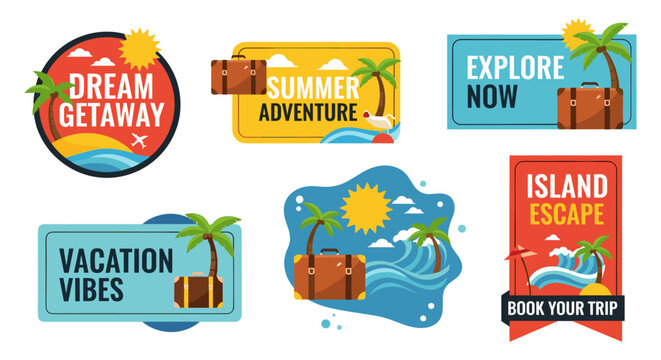 Six vibrant travel badges featuring palm trees, suitcases, and beach scenes, ideal for summer vacation promotions, tourism websites, or travel agency marketing materials.