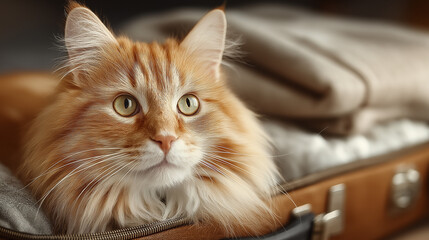 A cute cat nestled in a suitcase, representing the charm of pet-friendly vacations and the cozy companionship of traveling with your furry friend.

