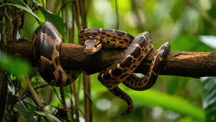 A Brown Tree Snake Coiled on a Branch in a Tropical Rainforest A Reptilian Predator Resting in its Natural Environment with Lush Green Foliage in the Background