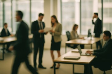 Contemporary office workspace with soft-focus employees collaborating in meetings and teamwork activities throughout open floor plan