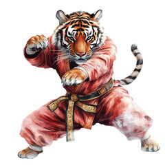Fierce tiger dressed in martial arts uniform performing a dynamic kung fu pose showcasing strength and agility in a stylized illustration