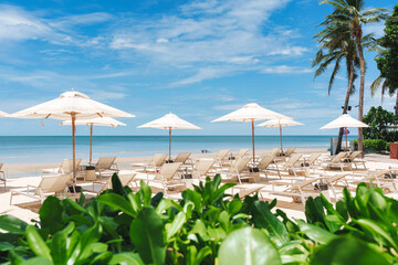 Beachfront lounge chairs with parasol and green leaves facing tropical sea on sunny day