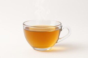 Crystal clear glass teacup filled with golden chamomile tea on white background with steam wisps rising gracefully