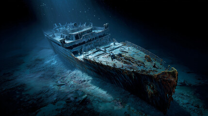 Wreck of the Titanic lying at the ocean floor. A haunting underwater scene symbolizing tragedy, history, and deep-sea exploration of one of the most iconic shipwrecks in history.