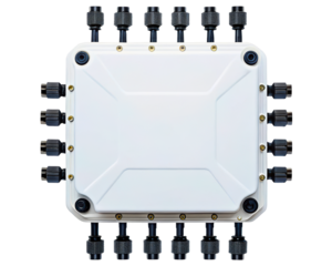 Industrial outdoor electrical box with waterproof cable glands on a transparent background