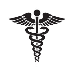 Caduceus medical symbol with winged snakes on a white background, an iconic emblem of health and pharmacy
