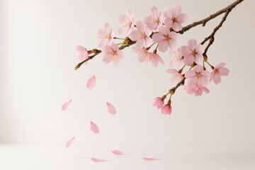 Delicate cherry blossom branch with soft pink petals gently falling against minimalist zen background