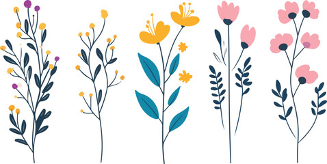 Delicate floral vector illustration with pink and yellow flowers on white background