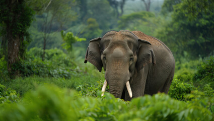 Fototapeta premium Asian Elephant in Lush Jungle Undergrowth A Captivating Glimpse of Wildlife in Natural Environment with Greenery and Dense Foliage in Tropical Rainforest