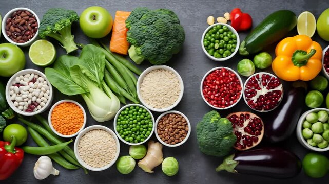 Abundant variety of fresh organic fruits and vegetables, grains, and legumes for healthy eating