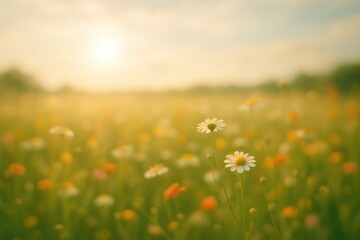 Obraz premium Dreamy summer meadow background with soft bokeh effects and warm golden hour lighting for seasonal content