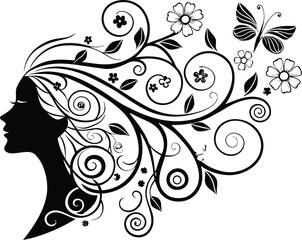 Elegant woman s profile silhouette with flowing hair and butterflies