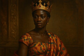 Fototapeta premium Elegant African queen wearing intricate golden jewelry and vibrant kente cloth patterns in renaissance painting style
