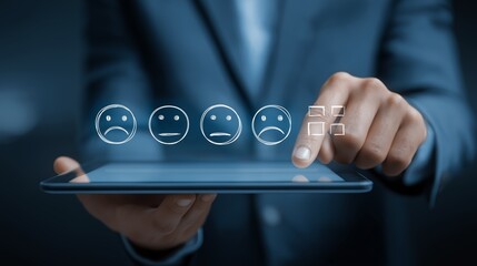 Businessman holding tablet displaying data analytics graph, showcasing digital business strategy, innovation, and technology in a modern workspace setting.