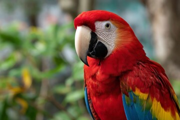 Fototapeta premium A vibrant scarlet macaw stands out with its vivid red plumage highlighted by patches of yellow and blue