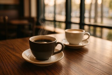 Elegant dark walnut dining table with steaming coffee cups and warm cafe lighting creating cozy atmosphere for business meetings