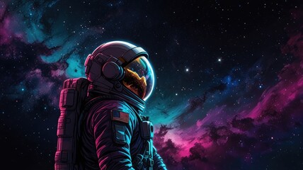An astronaut in a spacesuit gazes at the vibrant, colorful expanse of space.