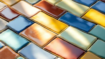 Detailed view of colorful ceramic tiles arranged in an interlocking zigzag design with sunlight casting mild reflections - Powered by Adobe