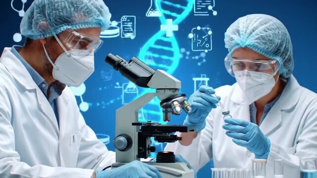 Scientists Working With Microscope and DNA Background 170 characters