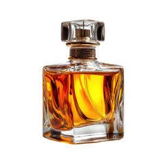 Amber perfume bottle on black background