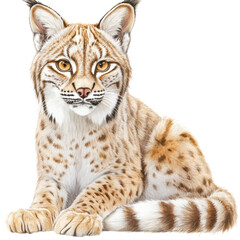 Fototapeta premium Large Wild Cat with Feline Features Lying Down on White Background for Wildlife Conservation and Nature Photography