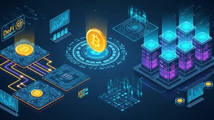 Digital Coin Transferring Through Network Servers Isometric Animation - Powered by Adobe