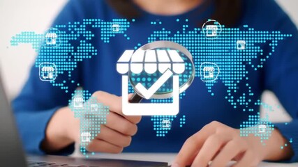 Global Online Business Expansion Person with Magnifying Glass Analyzing International Market Growth with Shop Icons Overlaid