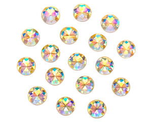 Scattered iridescent faceted rhinestones for craft and decoration on a transparent background
