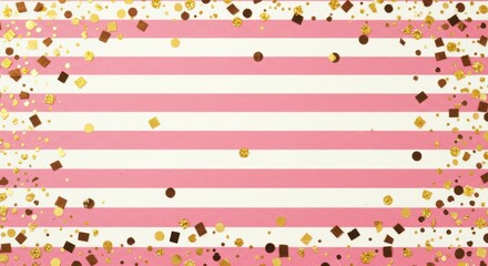 Striped Pink and White Background with Golden Confetti Border