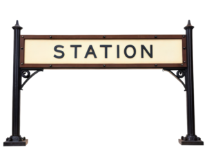Vintage train station sign on ornate cast iron posts on a transparent background