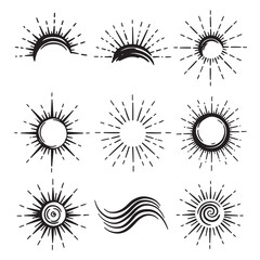 Hand drawn sunburst elements collection in black and white for graphic design and decor
