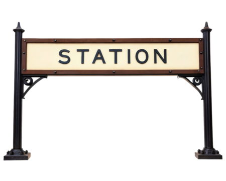 Vintage train station sign on ornate cast iron posts on a transparent background