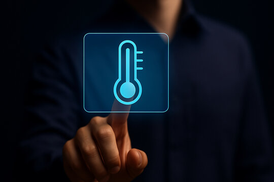 Man Touching Digital Thermometer Icon Interface with Finger in Futuristic Technology Concept for Medical, Weather, or Health Applications