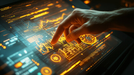 Hand interacts with glowing futuristic touch screen displaying financial charts, conveying innovation and technology. vibrant interface suggests data analysis and digital finance