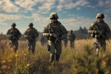 Soldiers conduct training exercise in field during daylight hours with clear skies