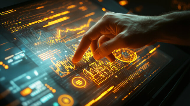 Hand interacts with glowing futuristic touch screen displaying financial charts, conveying innovation and technology. vibrant interface suggests data analysis and digital finance