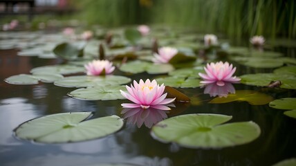 Serene pink water lilies floating on a calm pond