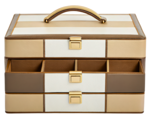Luxury striped leather jewelry box with drawers and handle on a transparent background