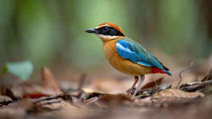 Obraz premium Indian Pitta Foraging on Forest Floor A Vibrant Display of Avian Beauty in Asian Tropical Ecosystem with Colorful Plumage and Distinctive Markings