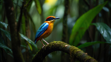 Garnet Pitta Perched on Mossy Branch in Lush Rainforest A Vibrant Display of Avian Beauty in Southeast Asia's Tropical Ecosystem with Colorful Plumage