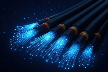 High-speed internet infrastructure featuring illuminated fiber optic cable bundles with multicolored light transmission for telecommunications network