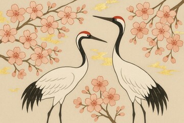Fototapeta premium Japanese ukiyo-e inspired digital art featuring elegant cranes and cherry blossoms in contemporary minimalist style