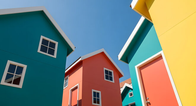 Vividly painted houses showcase unique architecture against a clear blue sky on sunny day