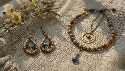 Fototapeta premium Bohemian style jewelry set with wooden necklace and earrings on burlap, natural concept 