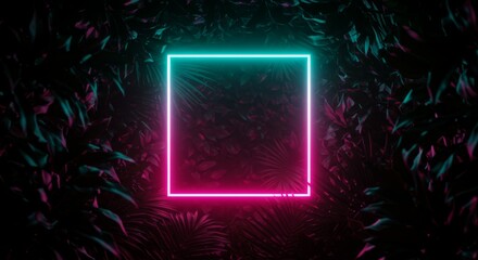 Illuminated Square Frame Amidst Tropical Foliage Glowing at Night