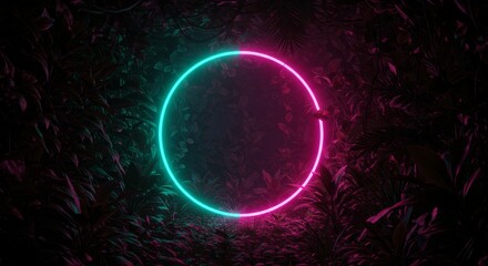 Glowing Circle Frame in Dark Tropical Foliage Background