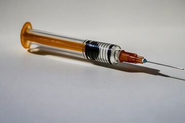 •  A veterinary syringe with a large barrel and capped needle, designed for animal use, isolated on a clean white surface