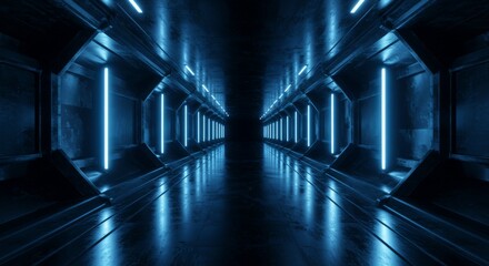 Illuminated Tunnel Perspective with Blue Glowing Lights