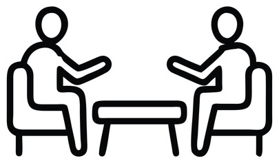 Fototapeta premium Two stylized figures sit opposite each other at a table engaged in a discussion or meeting depicted in a simple line art style. Business communication materials, counseling and therapy content