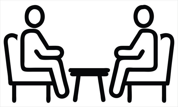 Two stylized figures sit facing each other across a small table, representing a conversation or meeting in a simple modern iconographic style. Business communication materials, counseling and therapy 